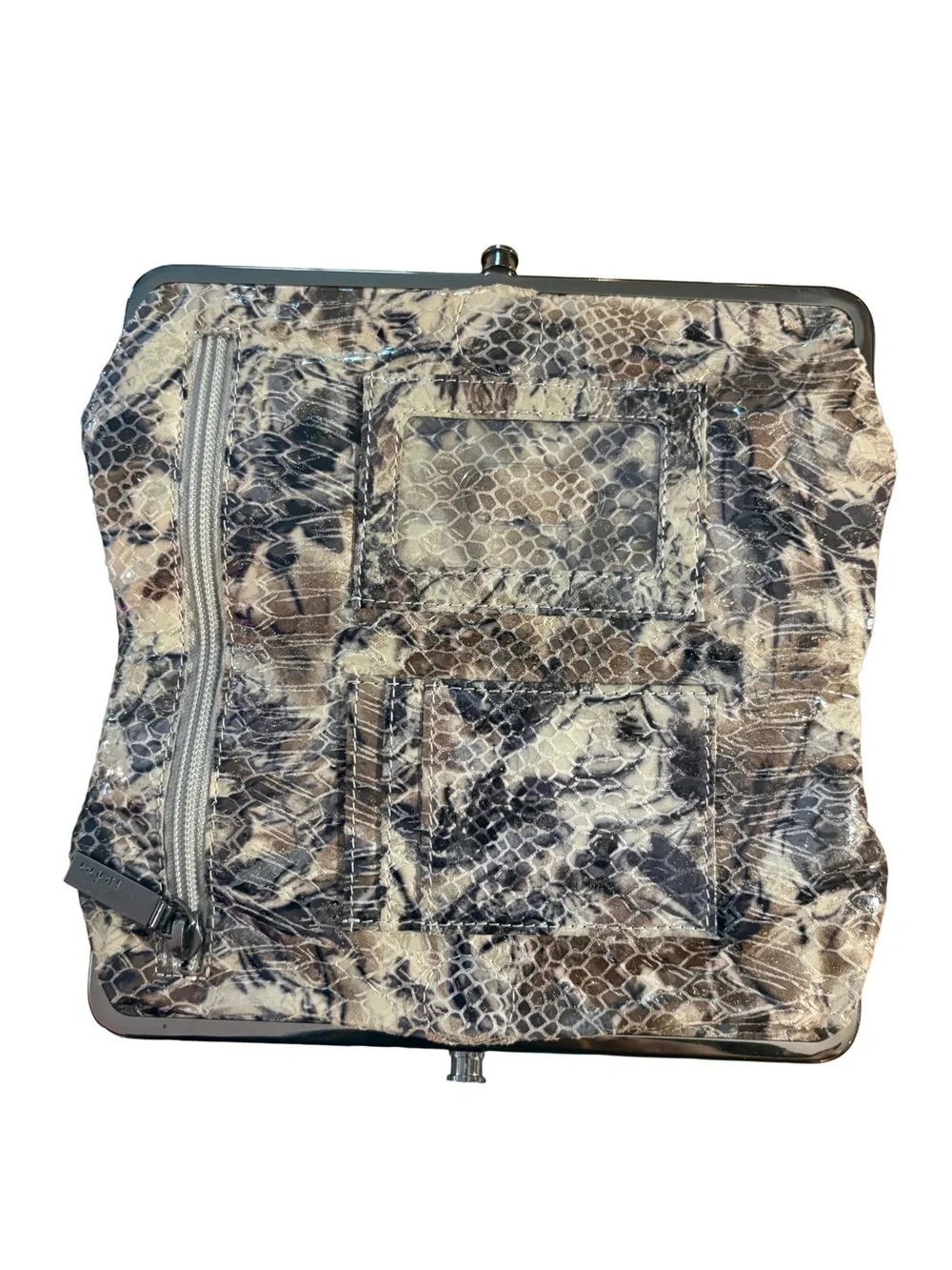 HOBO Snake-Print Patent Leather Clutch in Beige and Taupe